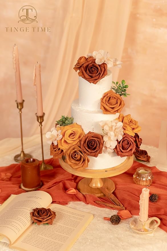 TINGE TIME Artificial Flowers Combo Set, Gradient Color Flower Leaf with Stems for DIY Wedding Bouquets Centerpieces Baby Shower Party Home Decorations(Orange and White)