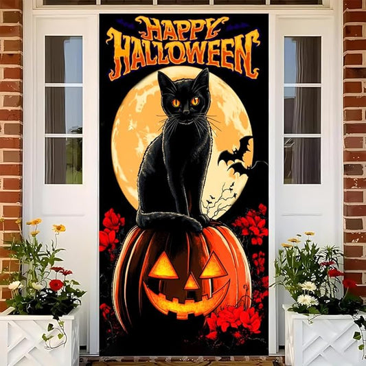 Halloween Door Banner Moonlit Night Black Cat Double Bat Spooky Decoration 71x35 Inches