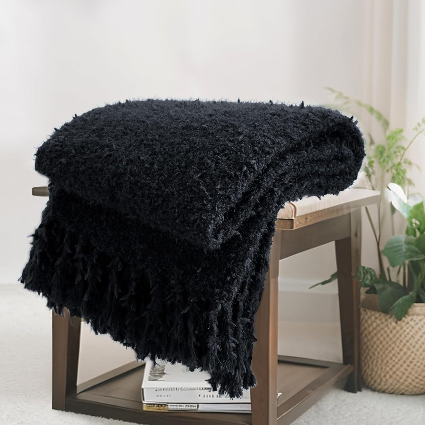 Knit Throw Blanket Fluffy Fuzzy Soft Lightweight Cozy Farmhouse Tassels Chunky Knitted Throws for Couch Sofa Bed (Black, 60"x80")