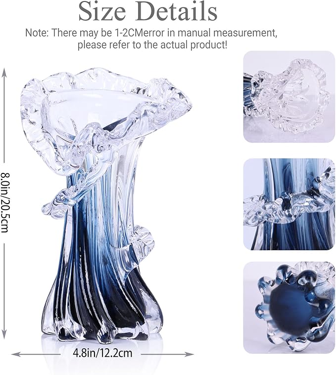 Blue White Clear Wave Vases Gradient, Murano Hand Blown Glass Vase Unique Art Decorative, for Ocean Themed Coastal Home Centerpiece Modern Office Entrance Table Creativity