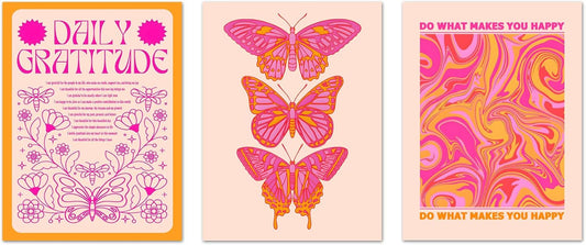 Hwetui Butterfly Wall Art Poster Set of 3 - Pink Orange Preppy Wall Decor Pictures, Daily Gratitude Paintings Prints Aesthetic Home Decor for Girls Bedroom Dorm Apartment 12x16 inch Unframed