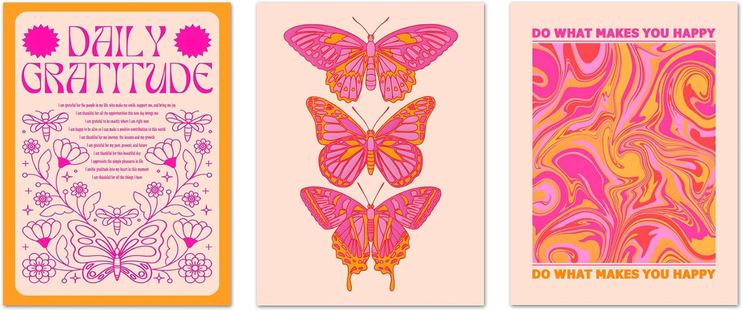 Hwetui Butterfly Wall Art Poster Set of 3 - Pink Orange Preppy Wall Decor Pictures, Daily Gratitude Paintings Prints Aesthetic Home Decor for Girls Bedroom Dorm Apartment 16x24 inch Unframed