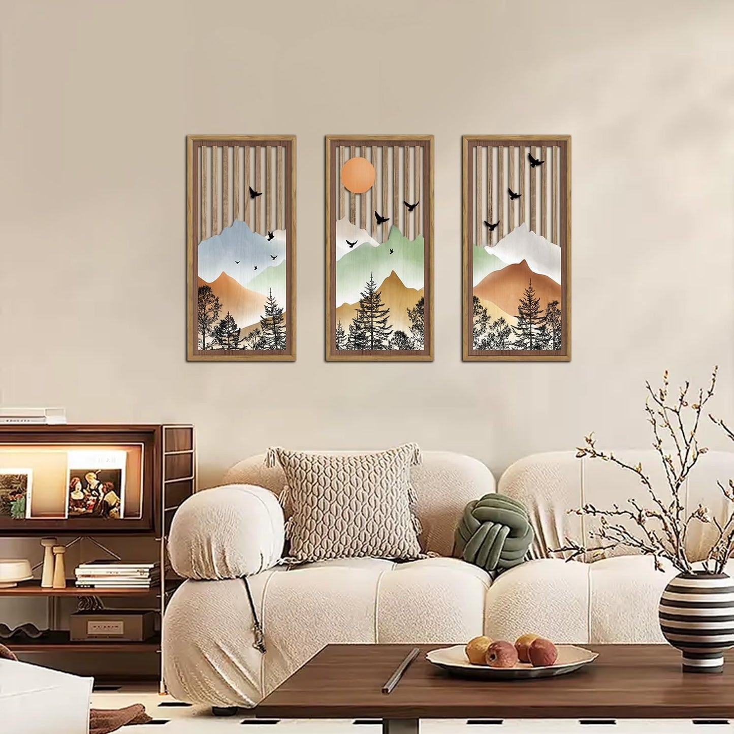 KAIRNE Landscape Wooden Wall Art,Mountain Wall Decor Set or 3(16”X8”),Forest Bird Wood Hanging Decor,Nature Scene Artwork,Vintage Farmhouse Wall Art for Bedroom Living Room Office Decoration,Framed