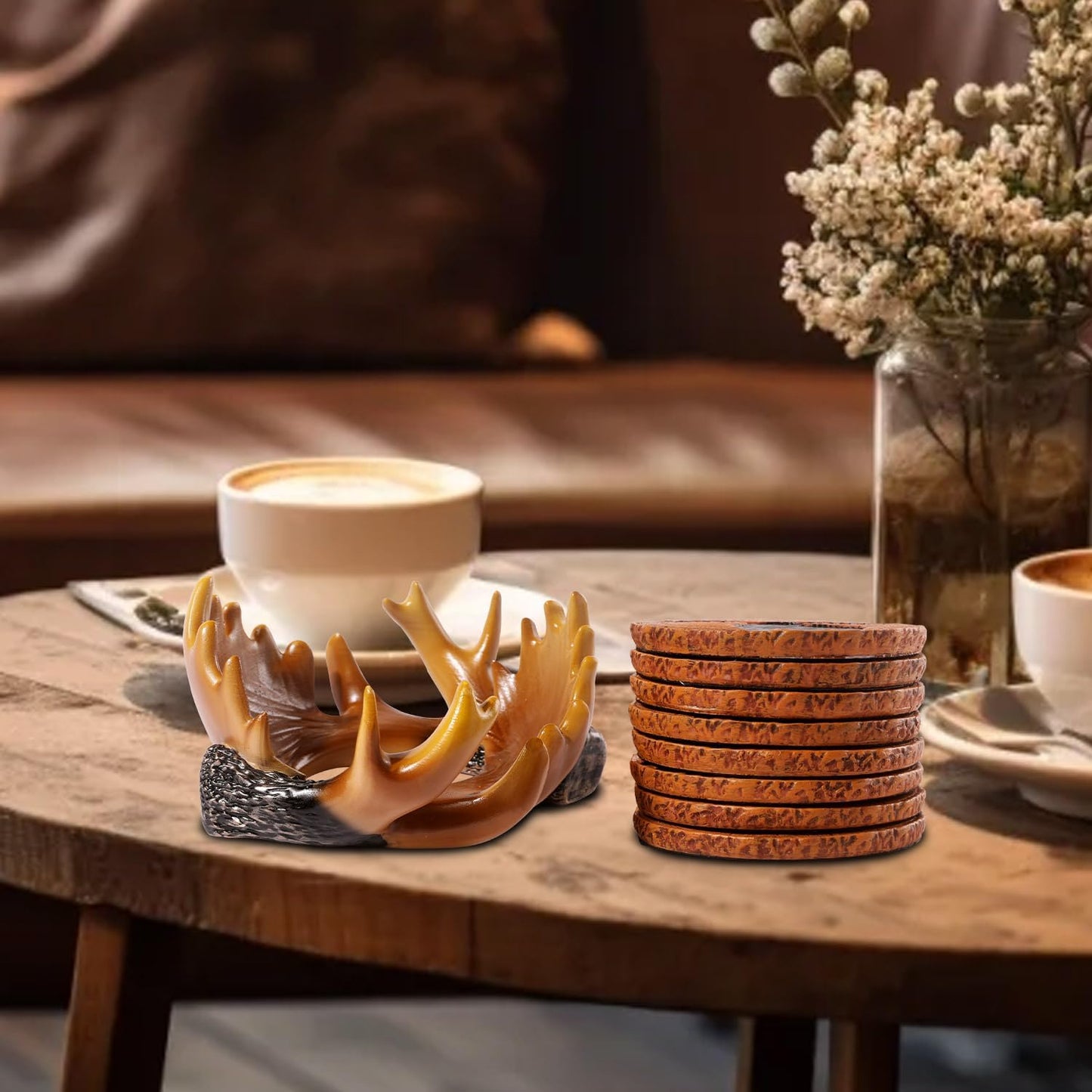 Deer Antler Coasters - 8 Full Size Rustic Coasters for Log Cabin Decor - Hunting Decor