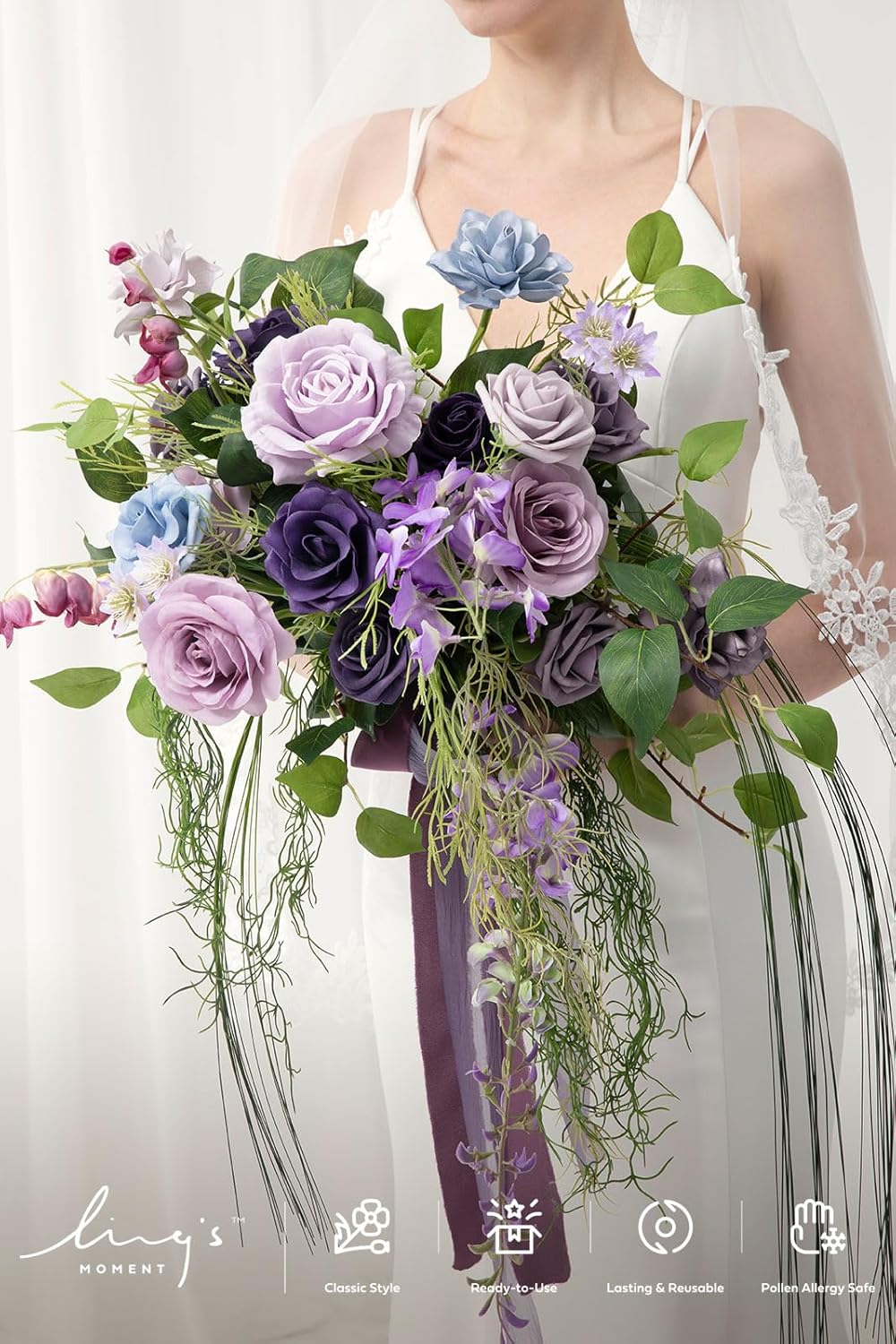 Ling's moment Purple Blue Wedding Bouquets for Bride, Lilac Bridal Bouquets for Bride, 13 Inch Free Form Artificial Wedding Flower Bouquet
