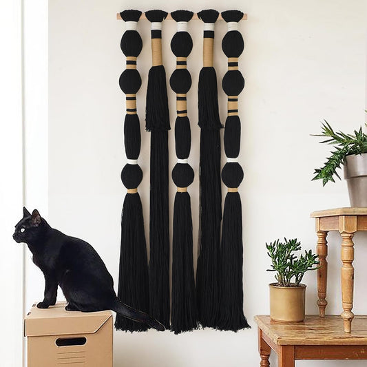 Flber Macrame Wall Hanging Black Sphericity Cotton Tassels Textile Hanging Geometric Yarn Wall Art for Bedroom Living Room Decor 15.7" W x 39" L