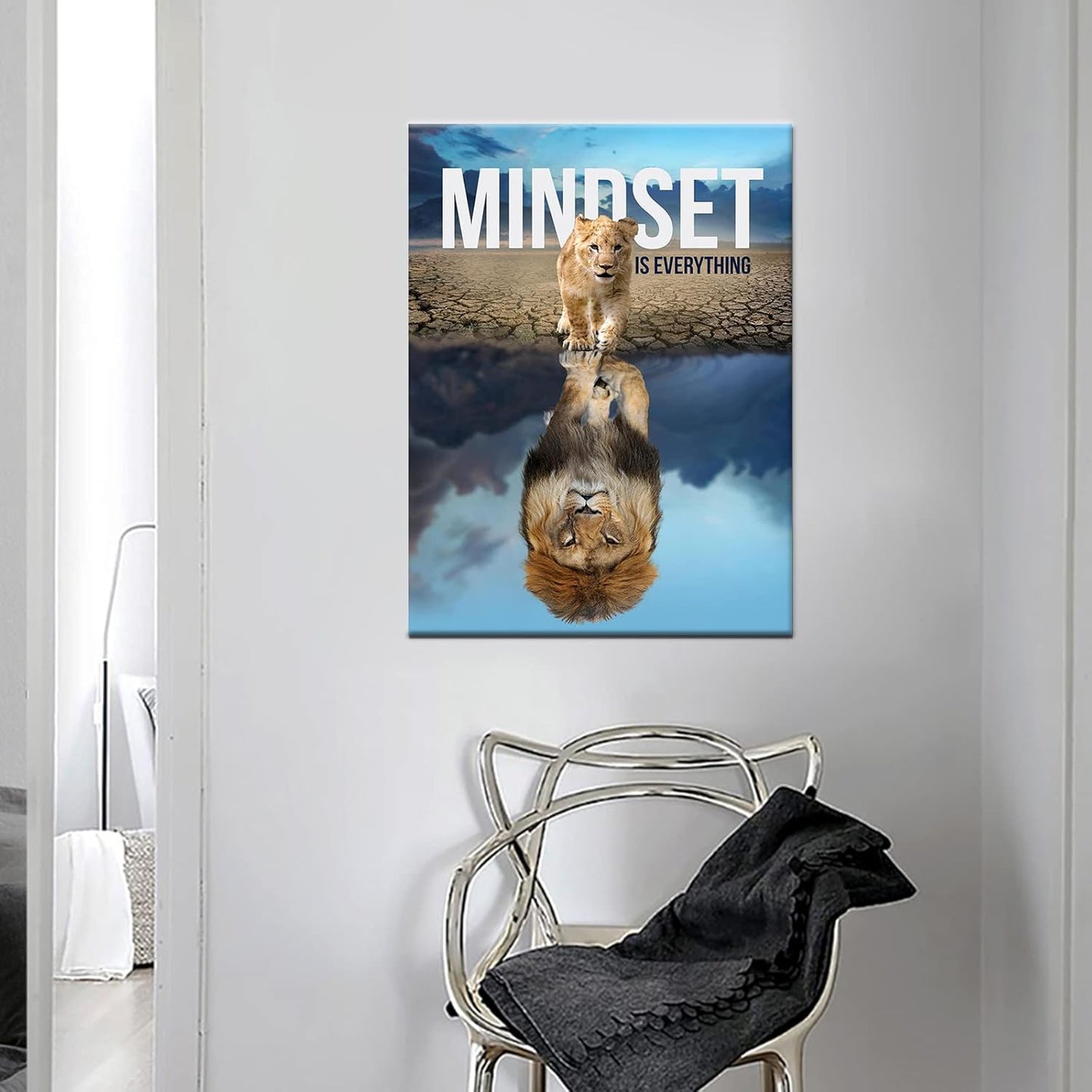 Inspirational Canvas Wall Art Small Cat And Big Lions Mindset is Everything Painting Cute Animal Poster Prints Wall Pictures for Living Room Home Decor Office Framed Ready to Hang [18''Wx 24''H]