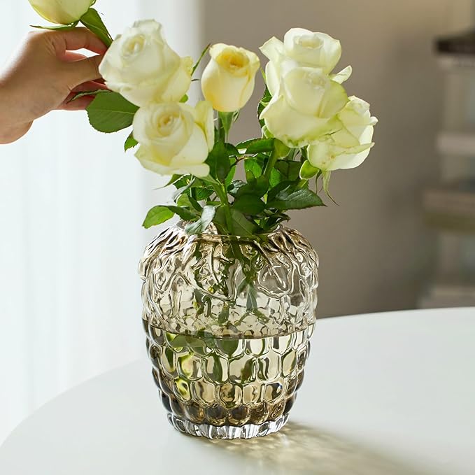 Grape Bubble Glass Vase for Flowers, Round Vintage and Clear Black Colored Smoke Glass Vases for Modern Home Decor (Crystal Grey 6" W X 6.7" H)