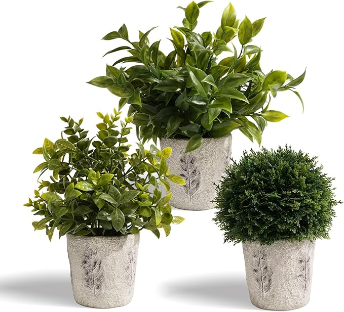 3 Pack Artificial Plants in Cement Planter (11.42/10.83/9.21 Inch) - Fake Plants Indoor Outdoor, Small Realistic Greenery for Home Decor, Bathroom, Bedroom, Kitchen & Office