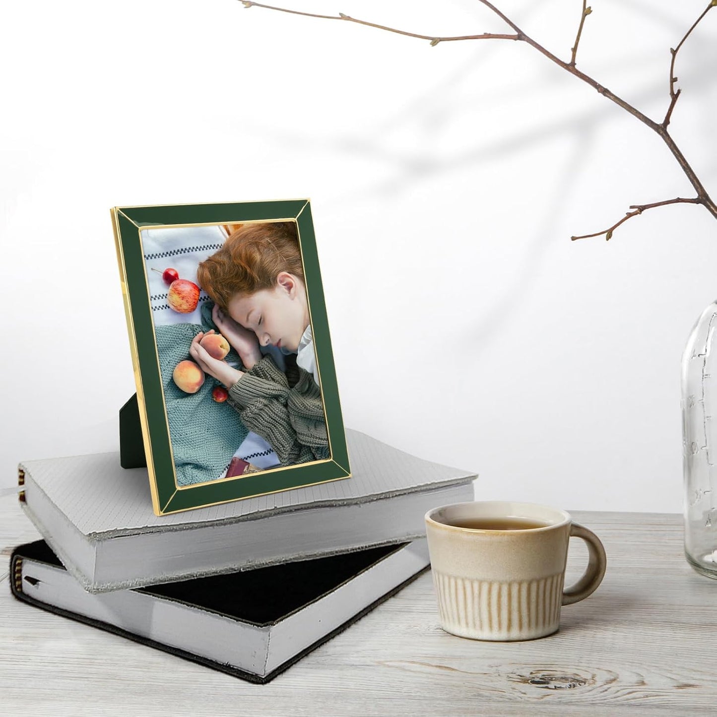 Frametory Enamel Picture Frame - 5x7 Gold Metal Edge Green Enamel Picture Frame With Easel and Velvet Back for Tabletop Display, Bookshelf, 5x7 Wall Decoration, Photo Frames-2 Set