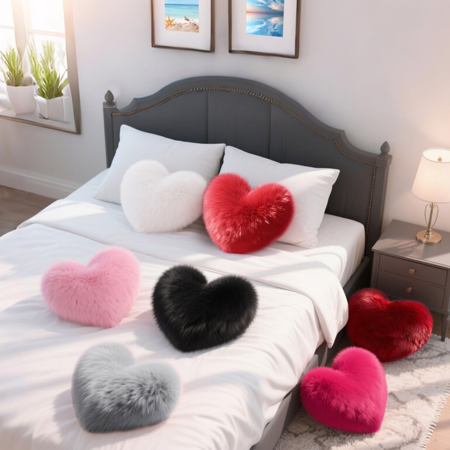 Black Heart Pillow, Faux Fox Fur Heart Decorative Pillows, Heart Shaped Throw Pillow for Bed, Soft Fluffy Decorative Cushion for Chair Sofa Living Room - Plush Pillow Home Decor