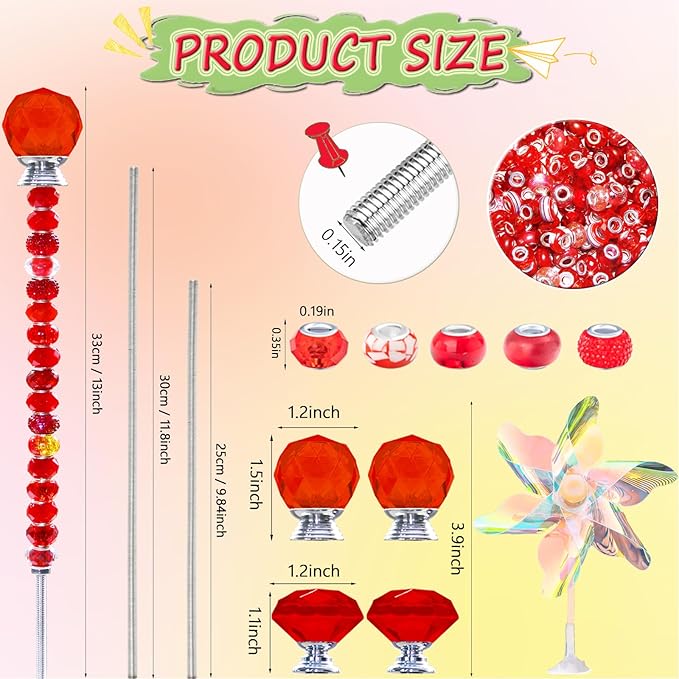 101 PCS Beaded Garden Stakes Kit, DIY Fairy Wand Garden Stake Beads Kits with Red Large Hole Beads 4 Crystal Stopper Top Threaded Rods and 2 Colored Small Windmills for Outdoor Indoor Decor