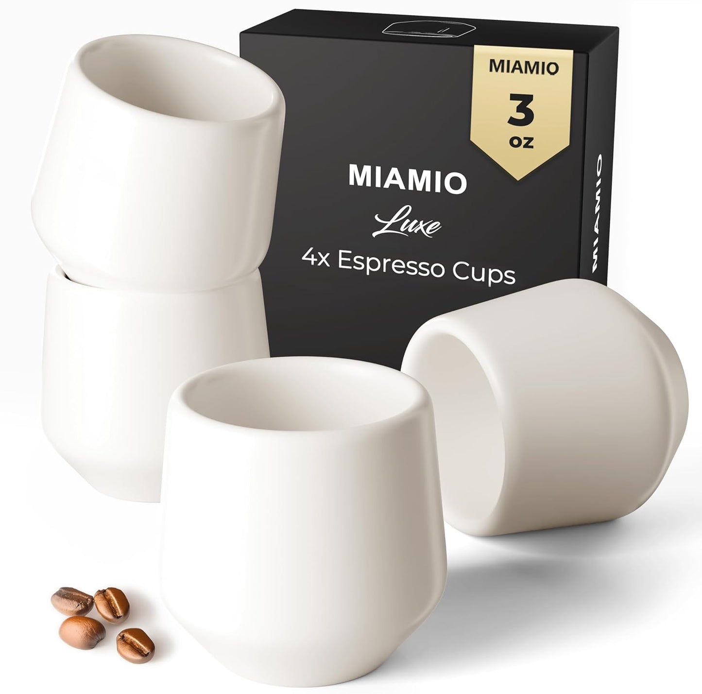 MIAMIO - Espresso Cups Set of 4 (3 oz) / Espresso Cup, Ceramic Espresso Cups, Handleless Mug, Japanese Tea Cups - Luxe Collection (White)