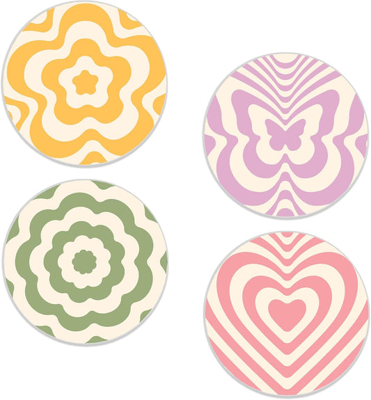 Drinks Coasters Set of 4, Groovy Wave Pattern Round 4" Cup Coasters, Absorbent Ceramic Stone Coasters with Cork Base, Cute Coasters for Table Home Décor, Ideal Gifts for Women Men