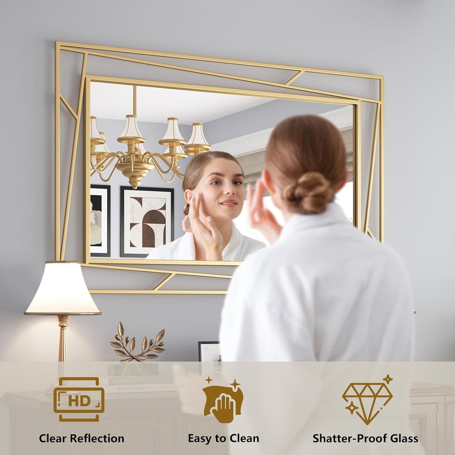 Gold Mirror 48 x 24 Brushed Gold Metal Framed Bathroom Mirror, Tempered Glass, Modern Farmhouse Wall Mounted Mirror for Decorative(Horizontal/Vertical)