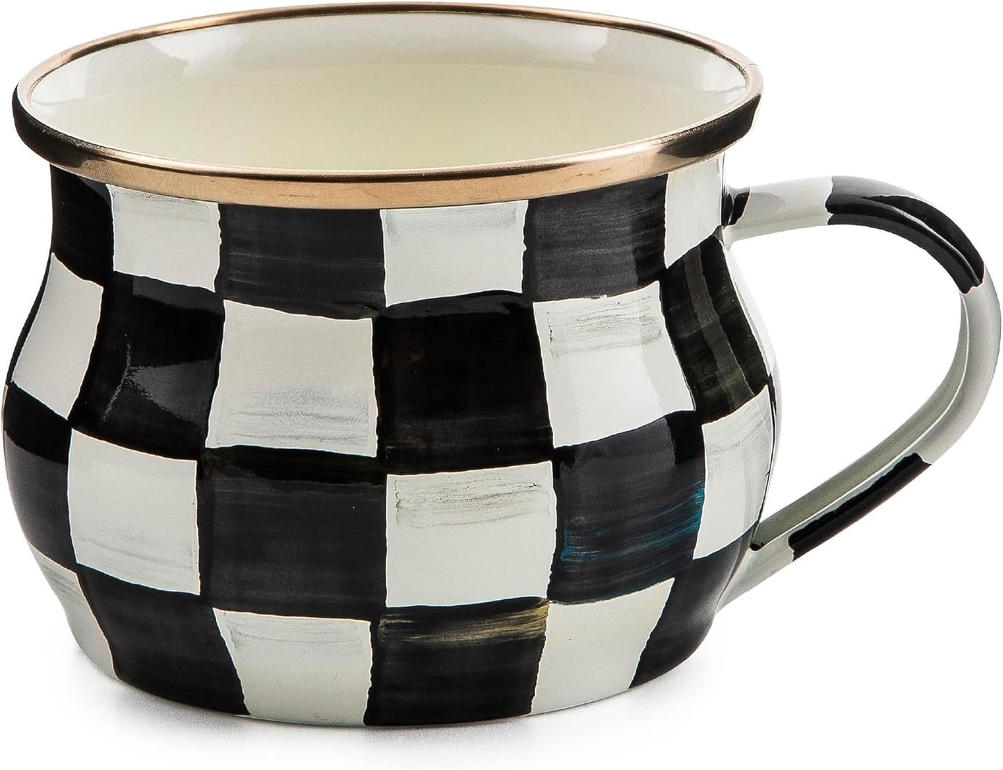 MACKENZIE-CHILDS Enamel Teacup, Unique Coffee and Tea Mug, Enamel Cup for Hot Tea, 10 Ounces, Black-and-White Courtly Check