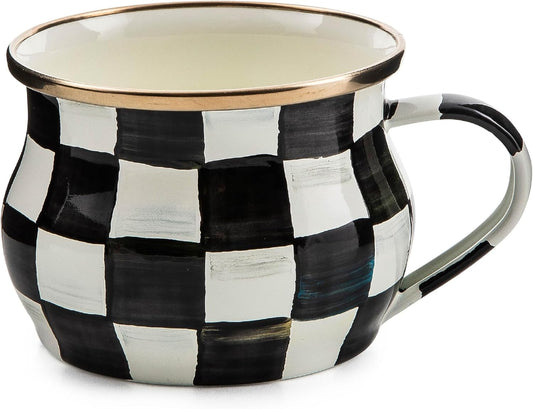 MACKENZIE-CHILDS Enamel Teacup, Unique Coffee and Tea Mug, Enamel Cup for Hot Tea, 10 Ounces, Black-and-White Courtly Check