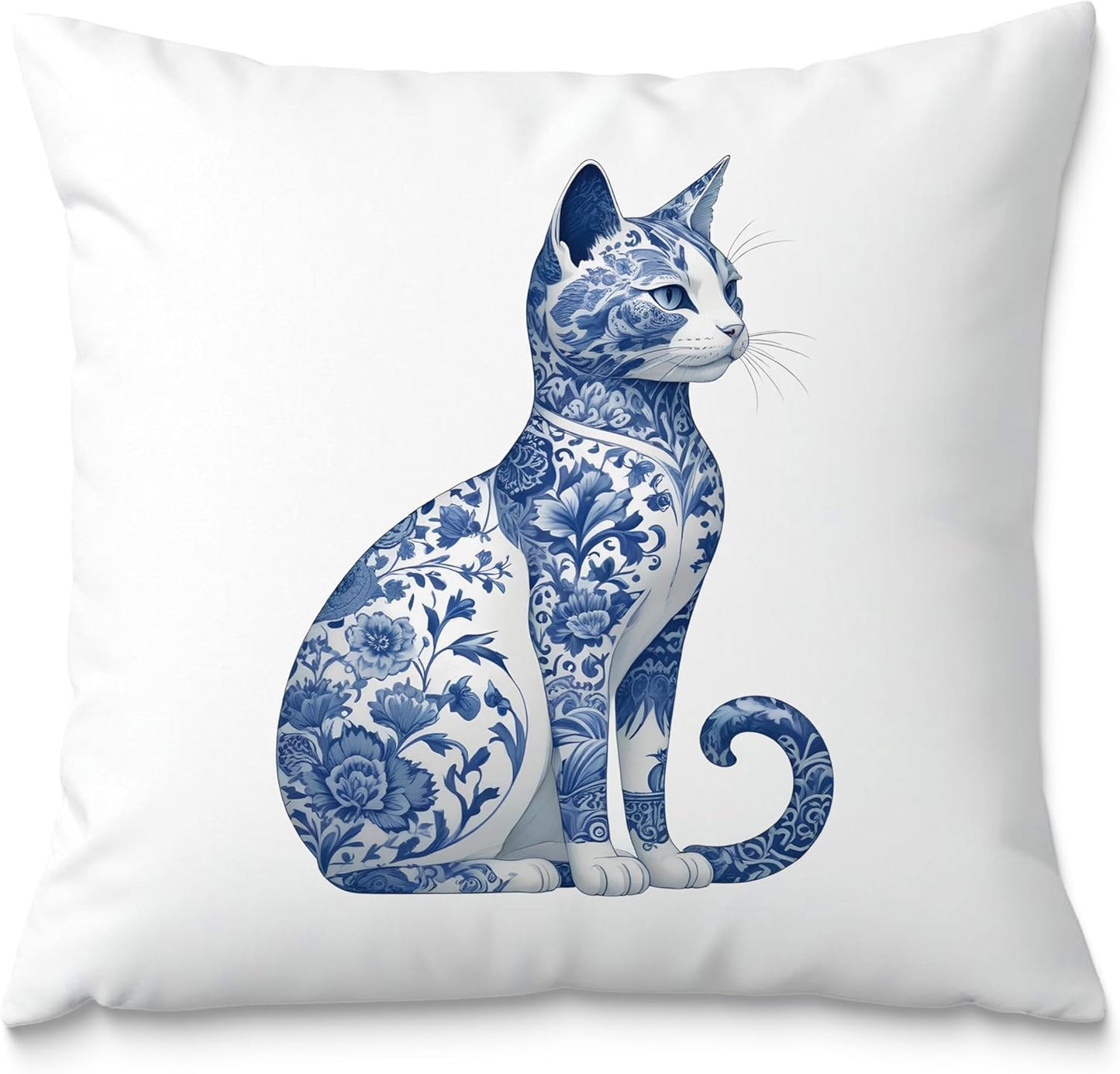 Blue and White Chinoiserie Floral Pillow Covers 18x18, Gifts for Cat Lovers Mom Lady Owners, Elegant Kitten Kitty Decorative Pillow Covers for Home Bedroom Living Room Decor, Pet Lover Gifts