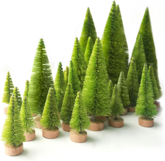 LOVEINUSA 40PCS Mini Christmas Trees, 5 Sizes Artificial Sisal Trees Bottle Brush Xmas Trees with Wooden Base for Xmas Winter Home Table Decoration