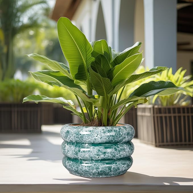 SQOWL Ceramic Planter for Indoor Plants 13.5 Inch - Large Plant Pot with Drainage Hole Outdoor Flower Pot Round Planter Decorative Plant Pot for Garden Bathroom Decor Green