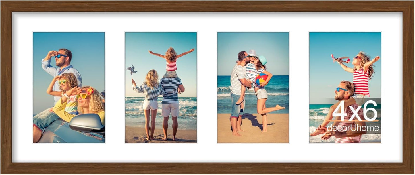 decorUhome 8x20 Picture Frames Collage Wall Decor, Display 4Pcs 4x6 Photos with Mat or 1Pcs 8x20 Unmatted, 4 4x6 Collage Picture Frames for Wall Mounting, Brown