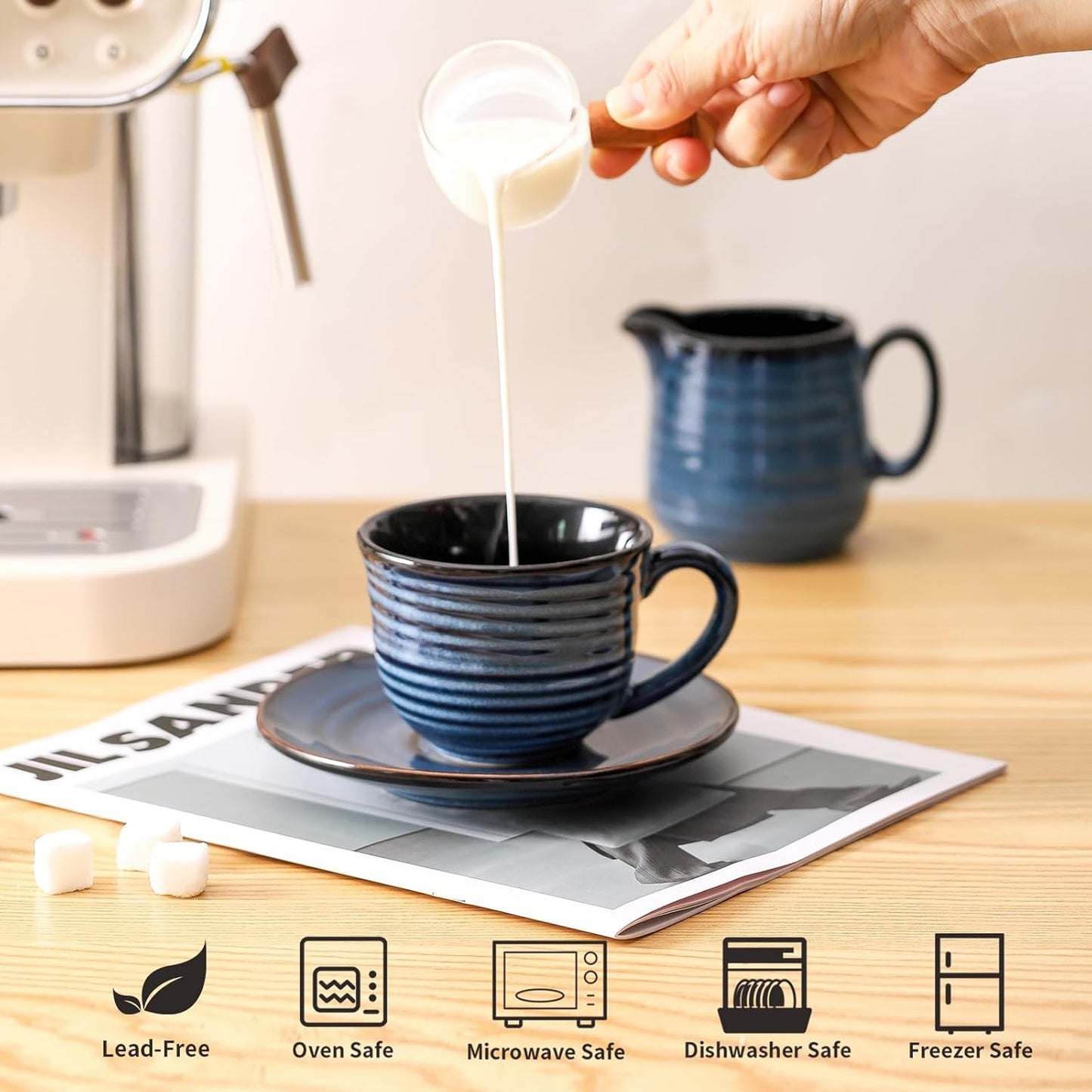 Hasense Ceramic Cappuccino Cups and Saucers Set of 4, 8 oz Tea Coffee Cups Set for Home and Office, Espresso Mugs for Coffee, Cappuccino, Latte, Americano, Milk and Tea - Navy Blue