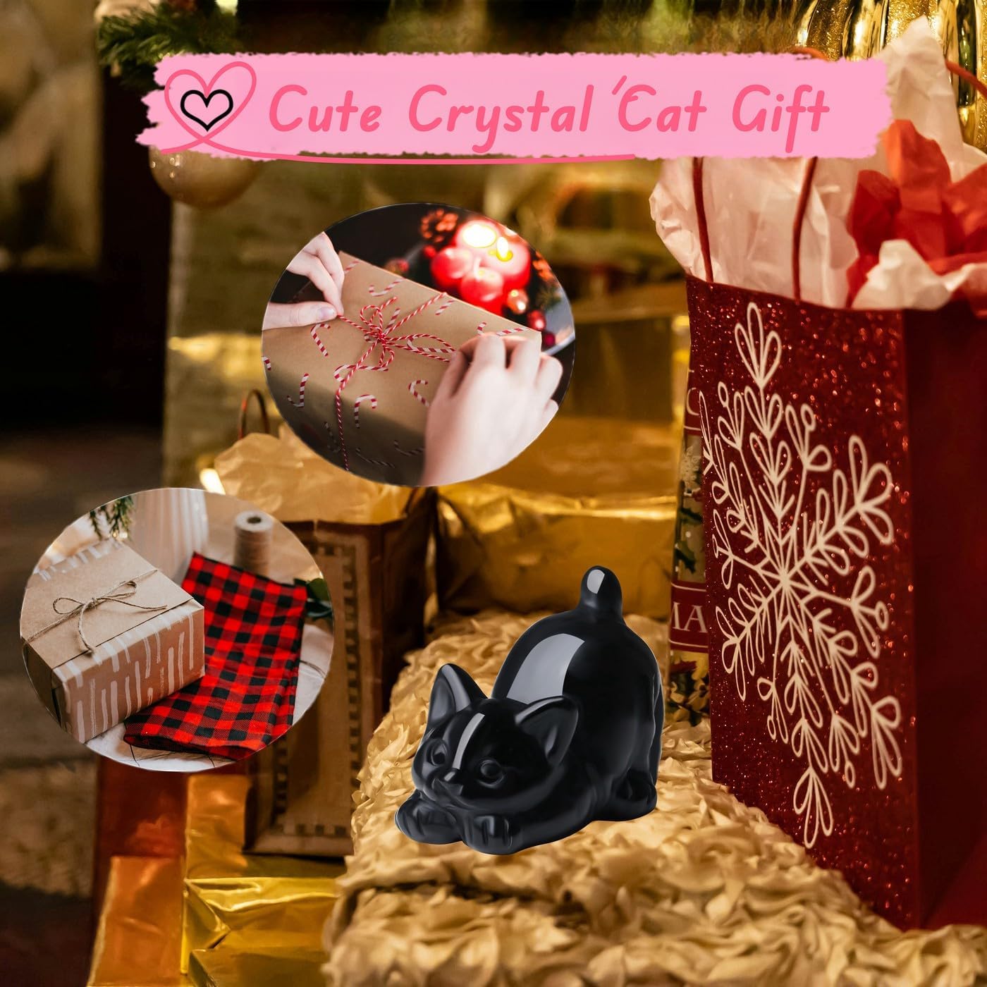 Black Obsidian Cat Decor Statue Figurine Crystals and Healing Stones Natural Gemstones Sculpture Carved Kitten Cute Office Room Home Decor Decoration for Cat Lovers Women Men