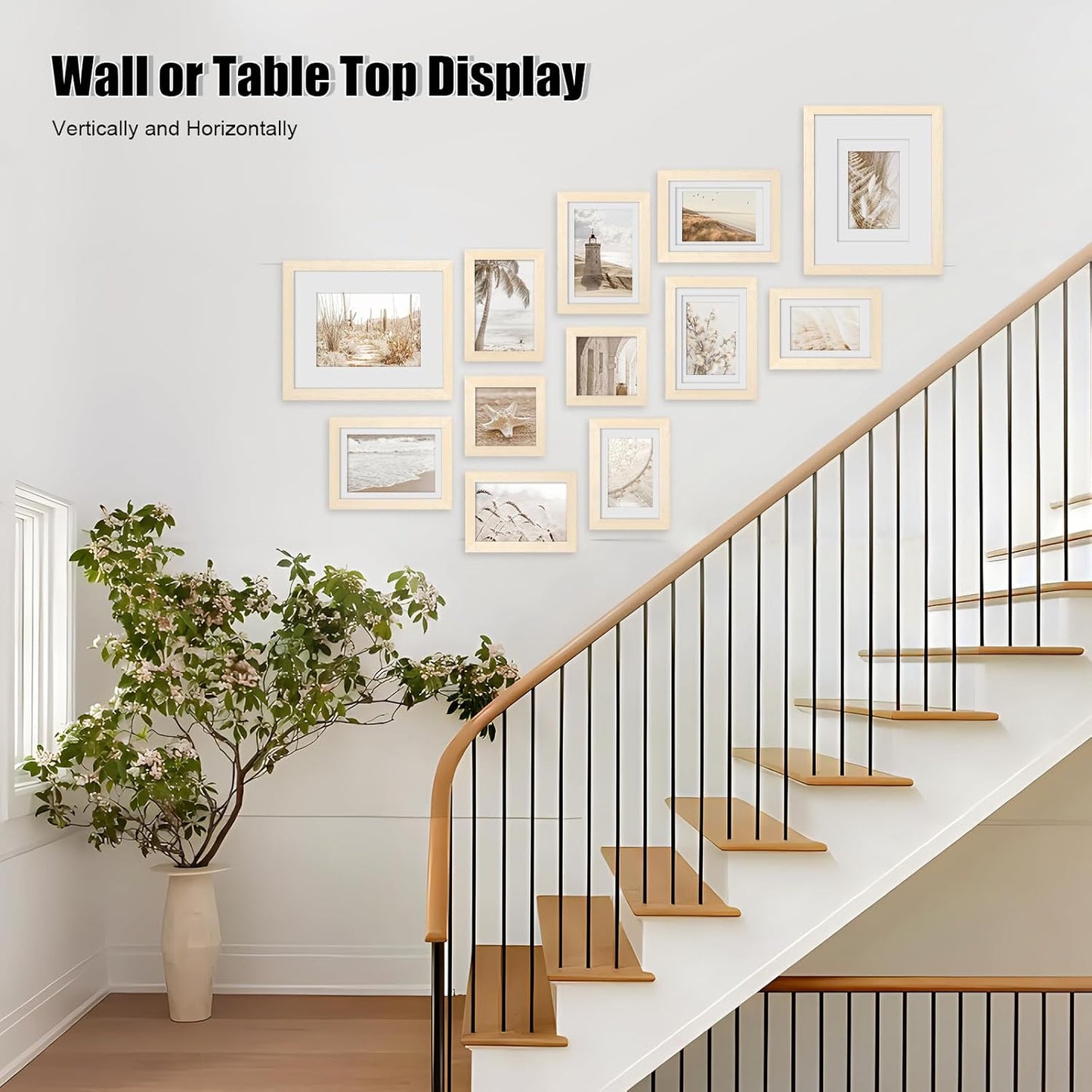 Egofine Picture Frame Set 12 Pack, Picture Frames Collage Wall Decor with Two 8x10, Four 5x7, Four 4x6, Two 4x4 for Wall and Tabletop, Made of Solid Wood, Covered by Plexiglass, Natural Wood