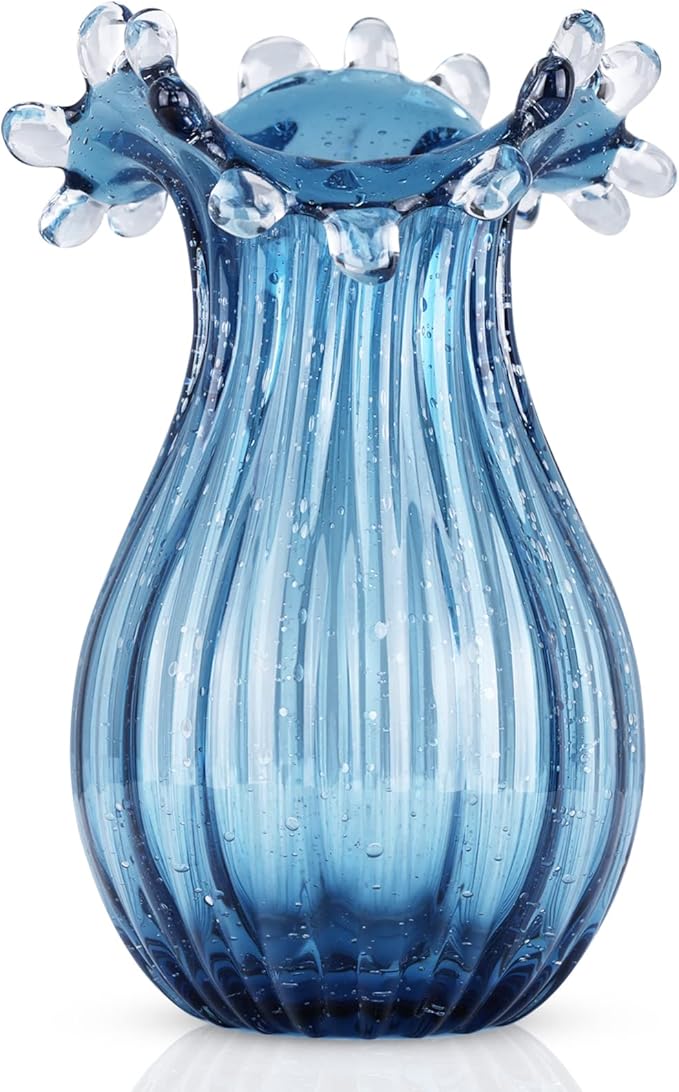 Hand-Blown Glass vase, Unique Blue Glass vase, Modern Art Decor, Suitable for Living Room Coffee Tables, Wedding centerpieces, Dining Tables, and Office Centerpiece Floral Arrangements