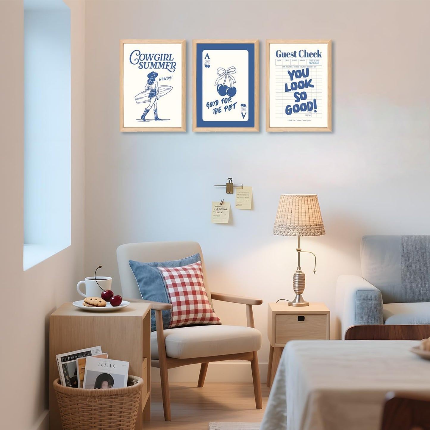 Blue Preppy Canvas Wall Art Set of 3, Coastal Cowgirl Pictures Wall Decor Paintings, Trendy Cherry Guest Check Poster Prints Aesthetic Home Decor for Teen Girls Bedroom Dorm 12x16 inch Framed