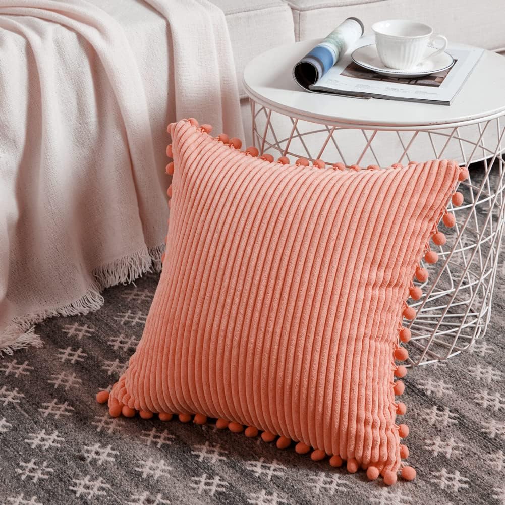 Fancy Homi Set of 2 Coral Decorative Throw Pillow Covers 12x12 Inch with Pom-poms for Couch Bed Sofa, Modern Farmhouse Boho Home Decor, Soft Plush Corduroy Cute Cushion Case 30x30 cm
