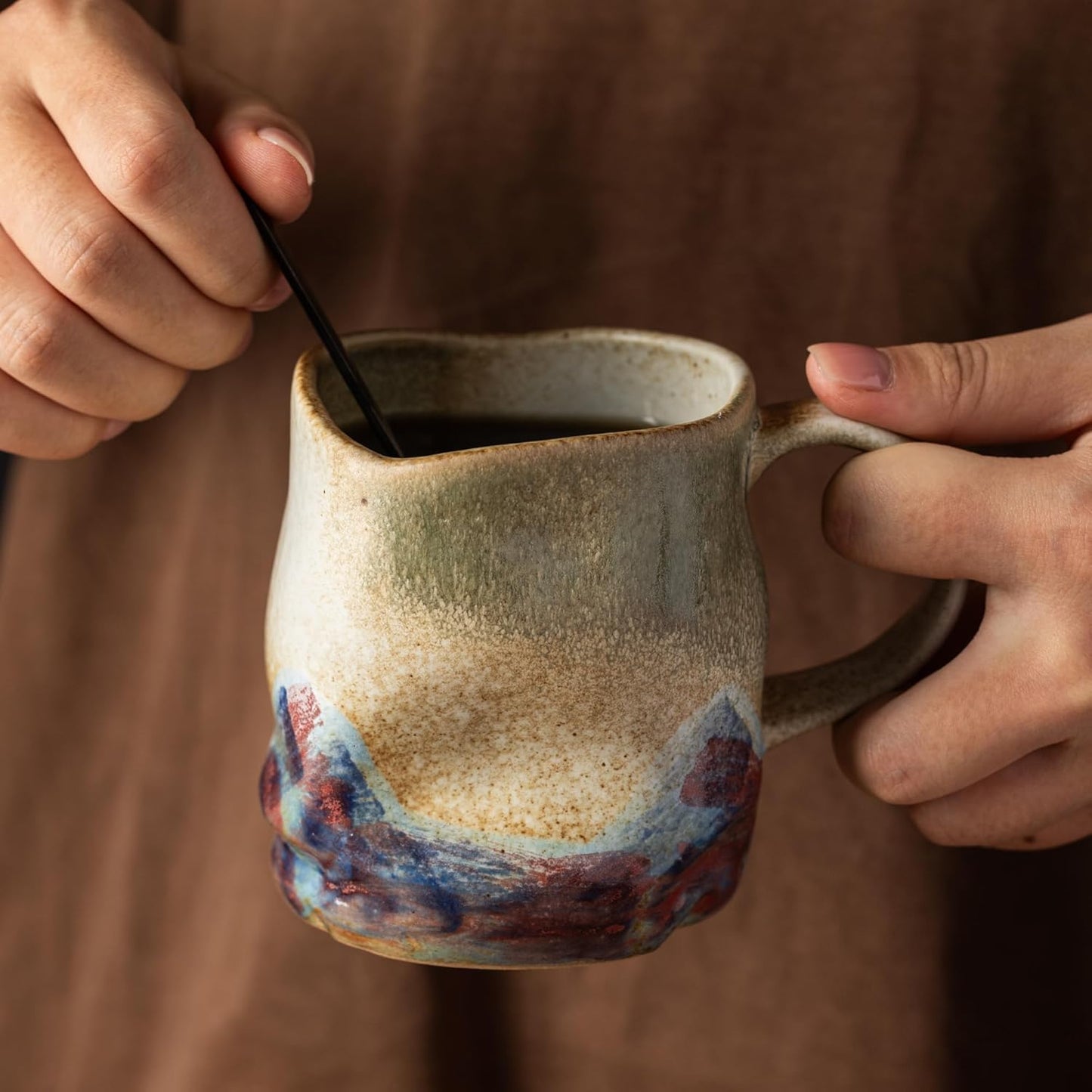 Handmade Ceramic Coffee Mugs, Mugs with Coffee Spoon, 11oz, Handmade Pottery Mug with Handle, Hand-painting, Unique Uneven Surface Tea cups, Dishwasher and Microwave Safe (White)