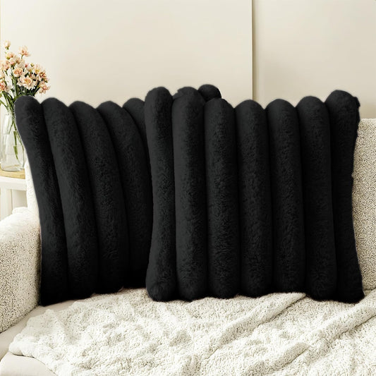 HAUSSY Faux Fur Throw Pillow Covers 24x24 Inch Set of 2,Decorative Striped Neutral Pillow Cases Soft Plush Couch Pillow Covers,Home Decor for Sofa,Bed, Living Room,Black