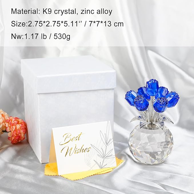 Ornalrist Crystal Rose Figurines Gifts for Wife Her, Romantic Presents for Women on Anniversary Valentine's Day Mother's Day Birthday Christmas, Glass Collectible Rose Floral Home Decor (Blue)