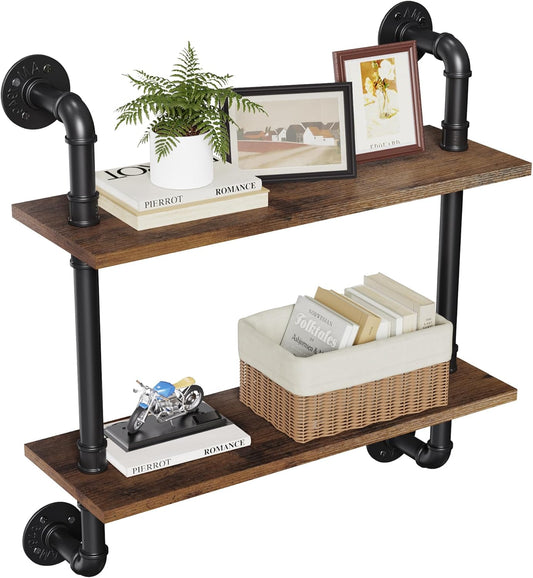 Merapi 24" Industrial Floating Shelves, Pipe Shelves for Wall, 2 Tier Rustic Wood Wall Shelves for Home Décor, Bedroom, Living Room, Bathroom