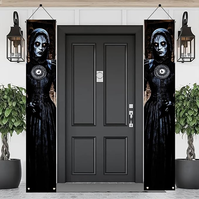 2PCS Halloween Porch Banner Gothic Ghost Lady Vertical Hanging Decorations for Front Door Haunted House Scary Door Sign Spooky Wall Decor Creepy Entrance Party Backdrop 71 x 12 Inch