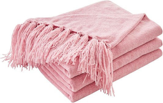 CozeCube Chenille Throw Blanket for Couch, Cozy Plush Fuzzy Decorative Pink Blanket with Fringe Tassels, Lightweight Throws for Bed Sofa Gift Home Decor, 50"X60"