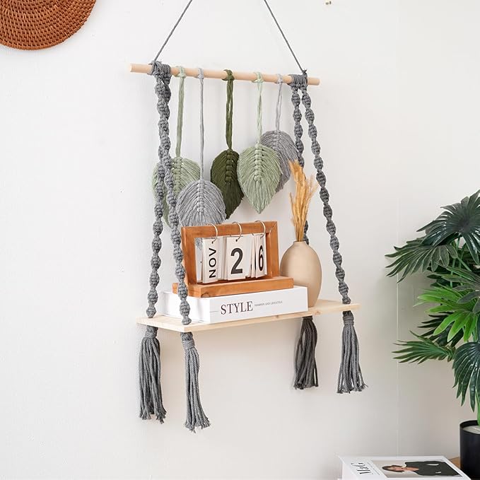 Macrame Wall Hanging Shelf, Bohemian Woven Tapestry Chic Woven Leaf Tassels Home Deco, Boho Handmade Wall Art Floating Shelf for Living Room, Bedroom, Nursery Backdrop, Apartment (Green+Grey)