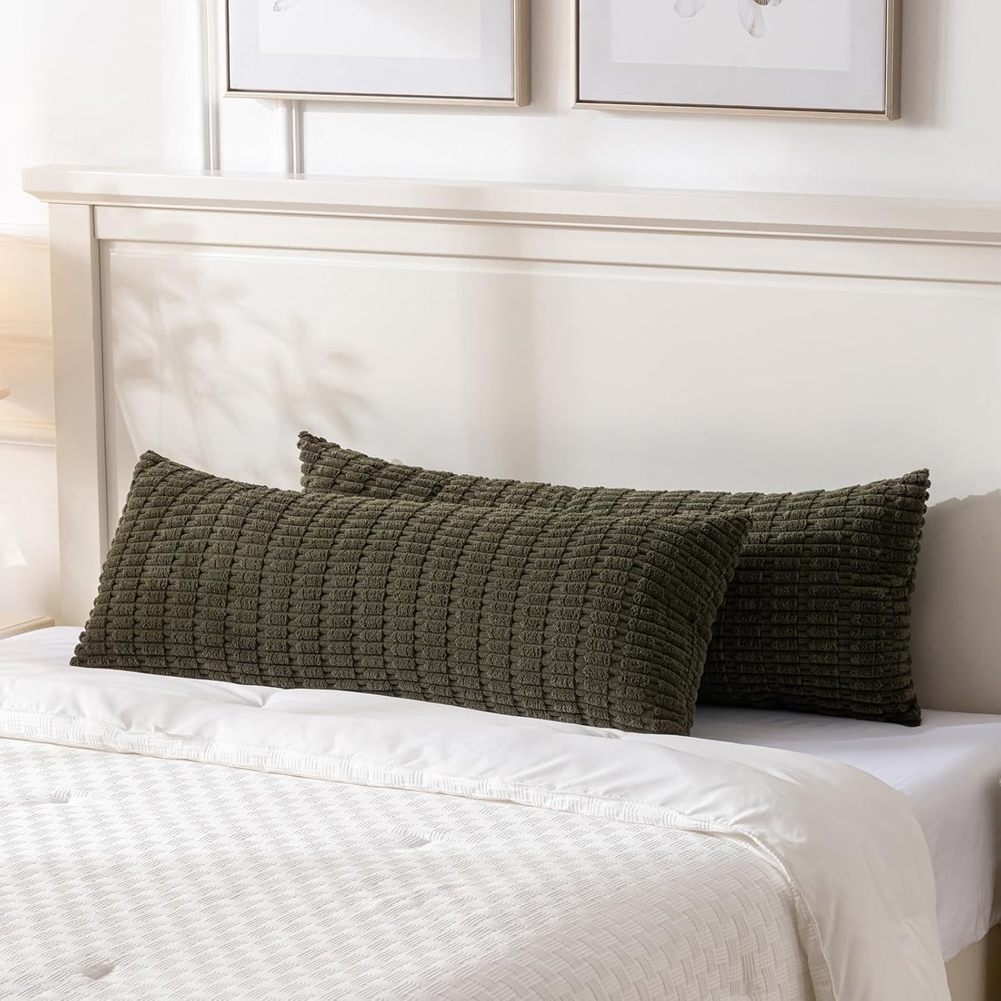 Fancy Homi Olive Green Long Body Lumbar Decorative Throw Pillow Covers 14x36 Inch for Bed Couch Bedroom, Soft Corduroy Rectangle Solid Pillow Case 35x91 cm, Rustic Farmhouse Boho Room Decor