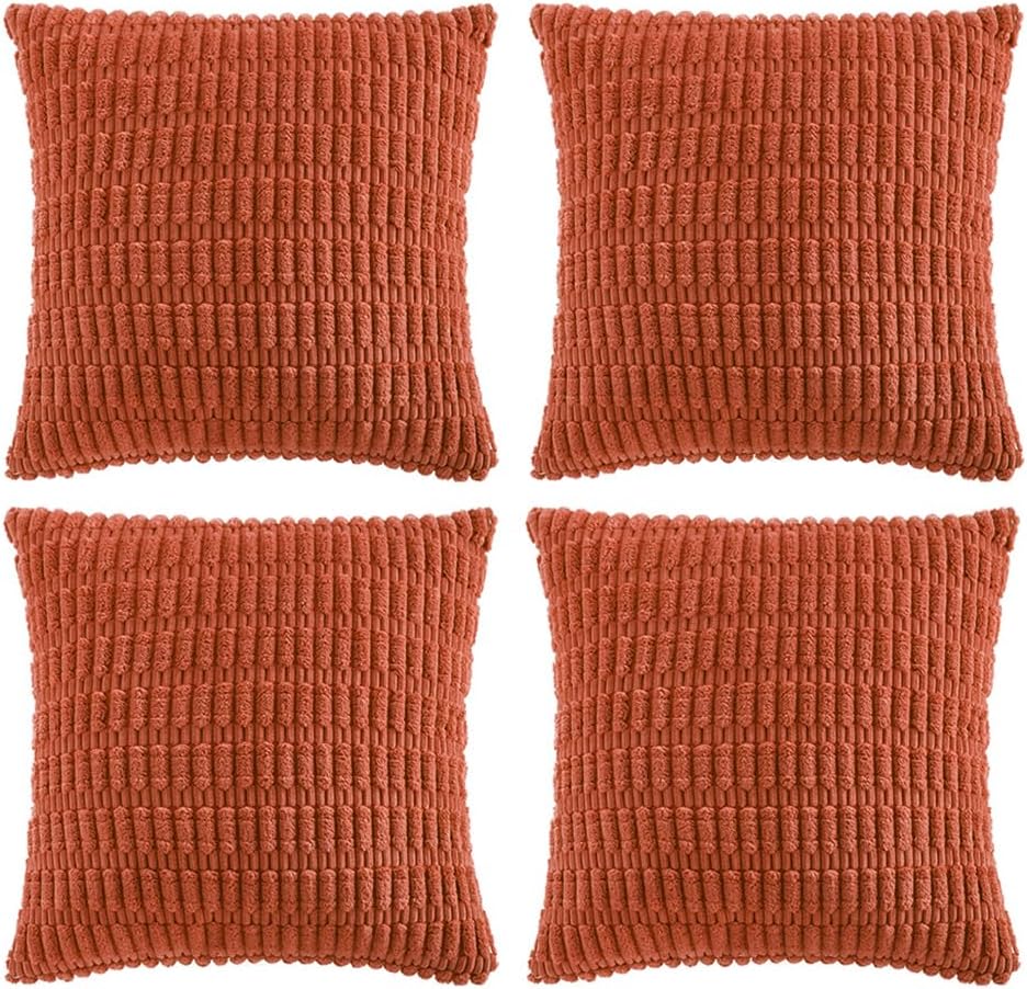 Fancy Homi 4 Packs Boho Burnt Orange Fall Decorative Throw Pillow Covers 18x18 Inch for Couch Bed Sofa, Rustic Modern Farmhouse Home Decor, Soft Plush Corduroy Cute Square Cushion Case 45x45 cm