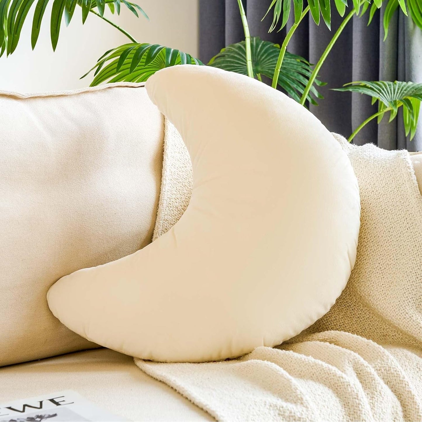 Beige Moon Pillow, 14.9" Cute Soft Velvet Half Moon Shape Plush Decorative Throw Pillows Cushions Room Decor for Couch Bedroom Living Room