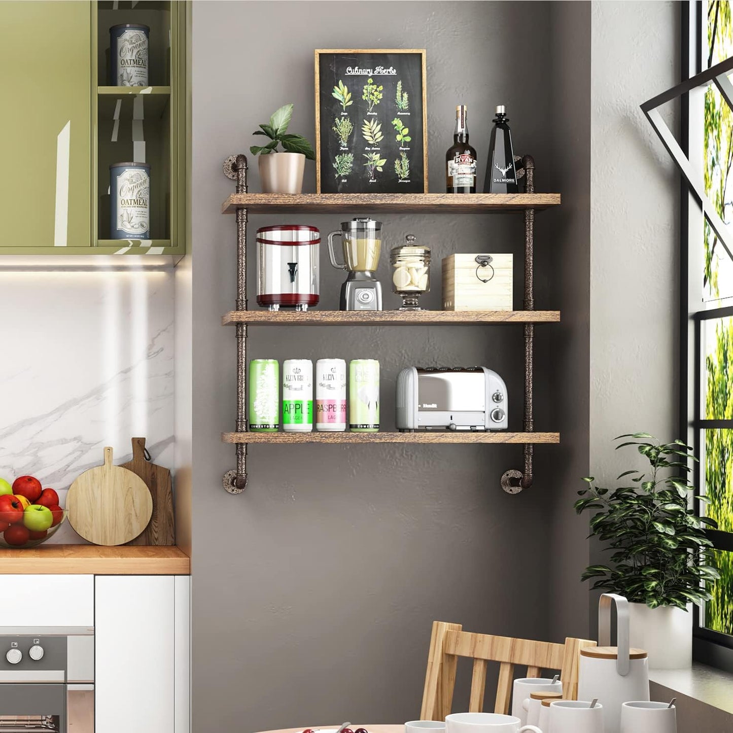 Helsin 3 Tier Industrial Pipe Shelf Rustic Wood Floating Shelves,Wall Display Bookshelf,Storage Rack Sundries Holder for Kitchen Office Bathroom Organization and Home Decor (32inch)