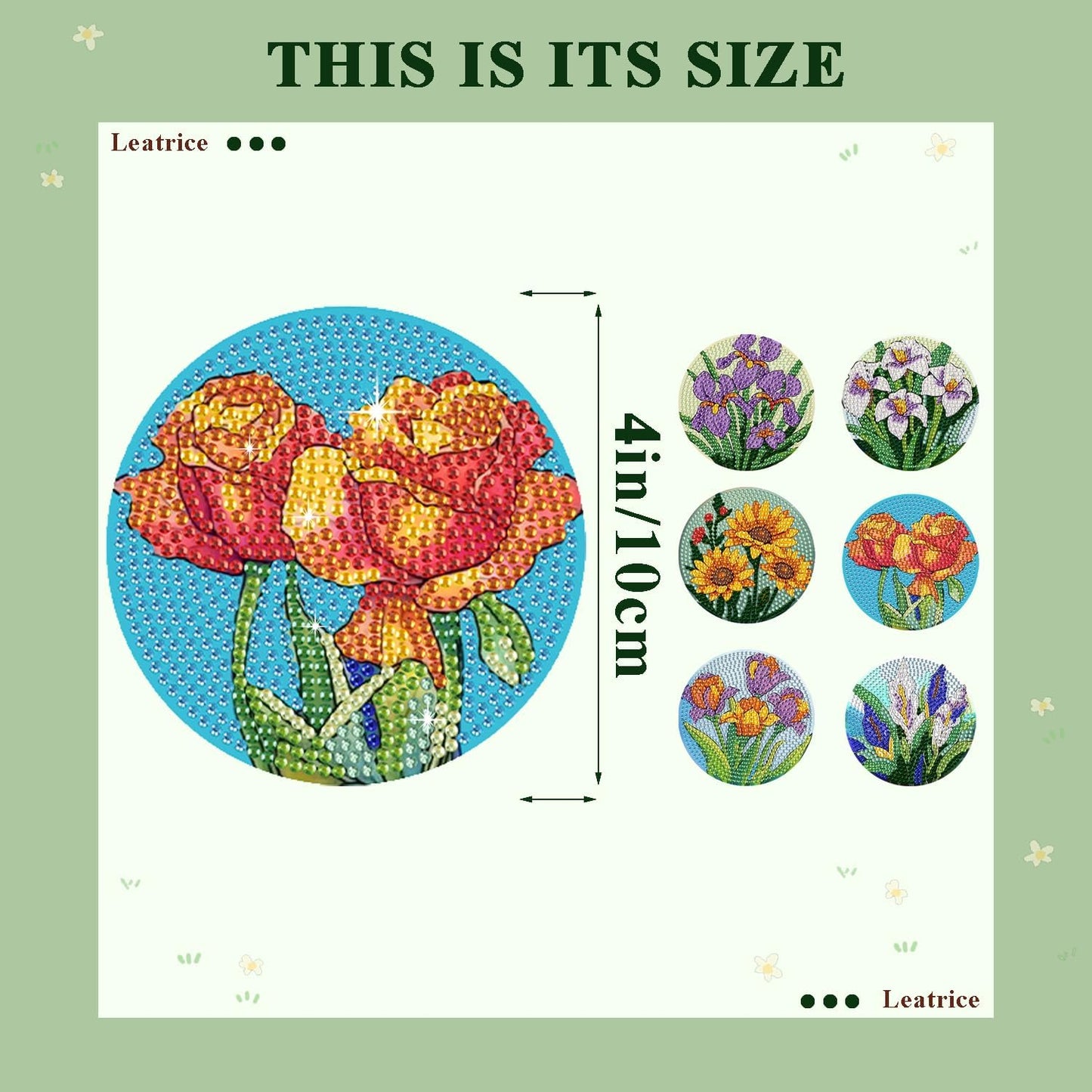 Leatrice 6PCS Flower Diamond Art Coasters Small Diamond Painting Kits for Adults Diamond Dots Round Full Drill Diamond Coasters with Holder Easy Art Crafts for Beginners Women