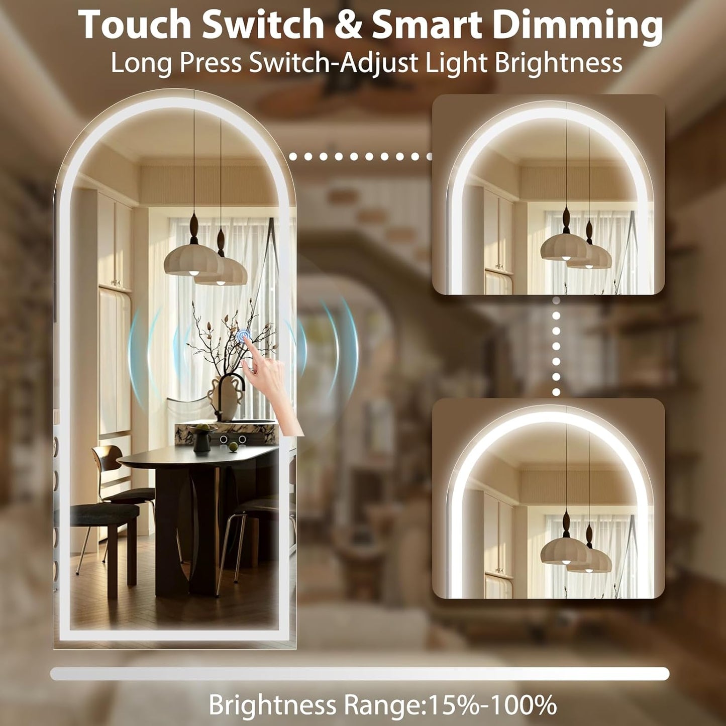 GLSLAND Arched LED Full Length Mirror - 65"x26" Full Body Standing Mirrors with Light for Bedroom/Cloakroom -Dimmable & 3 Color Lighting/Wall Mounted