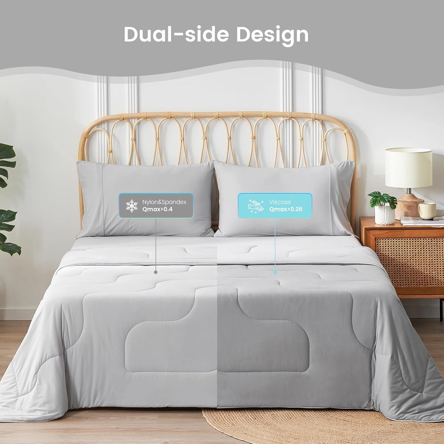 Cozy Bliss Viscose Cooling Comforter King Size, Reversible Cooling Blanket for Hot Sleepers and Night Sweats, Q-Max 0.4 Breathable Summer Comforter Quilt, Lightweight Soft Silky Smooth, Cool Grey