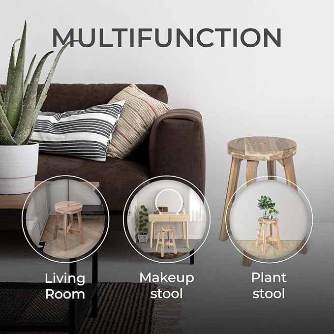 Round Stool Acacia Wood, 18" Height, 11'' Round Top, Backless, Easy Assembly, Natural Wax Finish, Wooden Stool for Plant, Dining Room, Kitchen Counter, Makeup