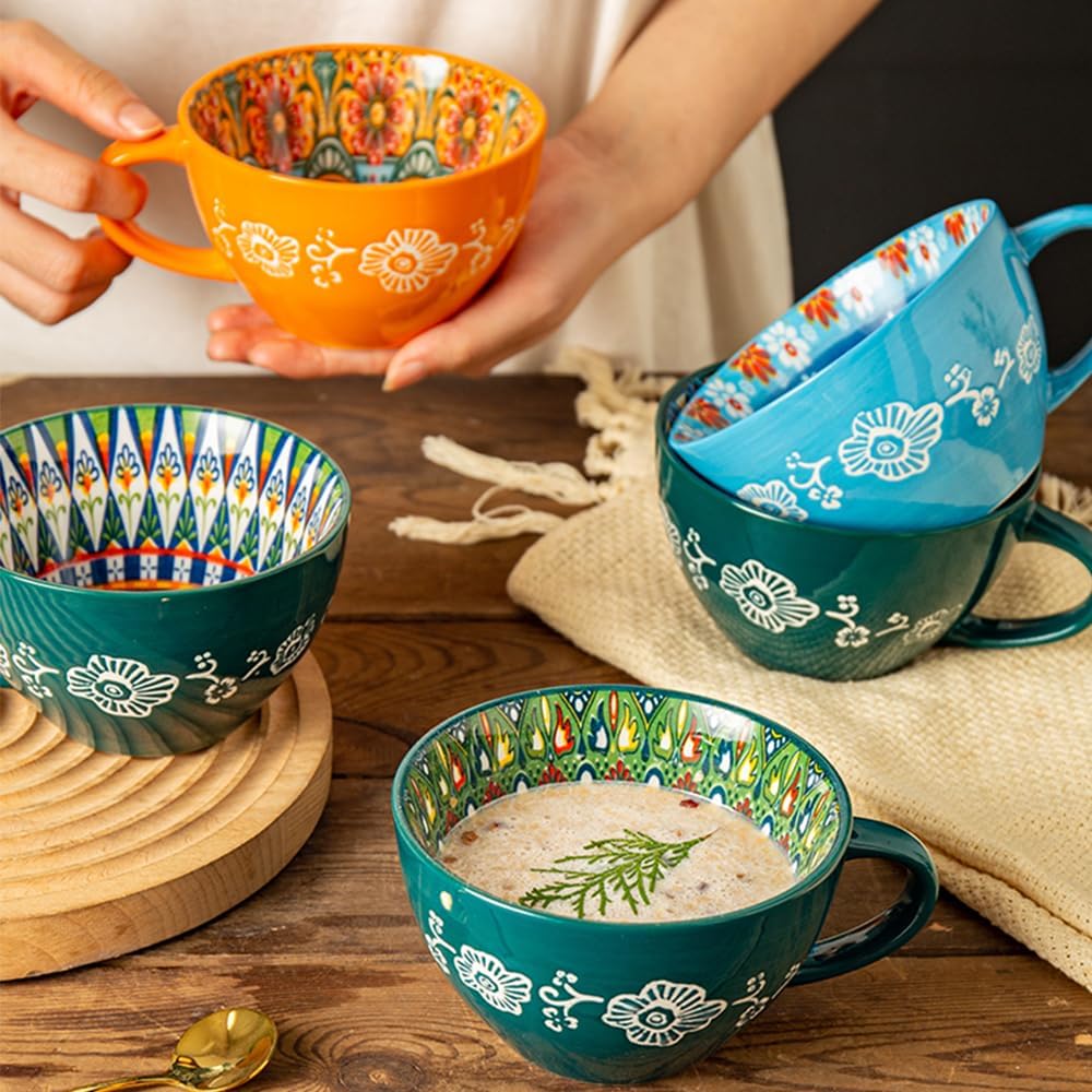 Bohemian Hand-Painted Ceramic Mug, 15 Oz Large Coffee Cup for Milk, Tea, and Breakfast, Dishwasher & Microwave Safe Artisan Cup, Green-J