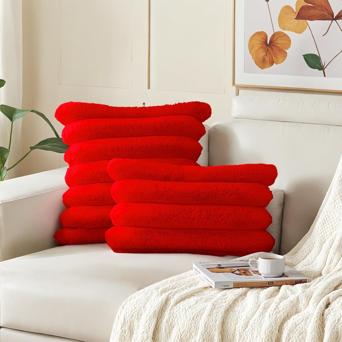 HAUSSY Faux Fur Throw Pillow Covers 22x22 Inch Set of 2,Decorative Striped Neutral Pillow Cases Soft Plush Couch Pillow Covers,Home Decor for Sofa,Bed, Living Room,Red