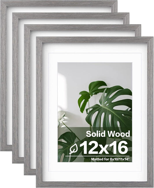 Egofine 12x16 Picture Frames Set of 4, Made of Solid Wood Covered by Plexiglass 9x12 and 11x14 with Mat or 12x16 without Mat, for Wall Mounting Photo Frame Light Grey