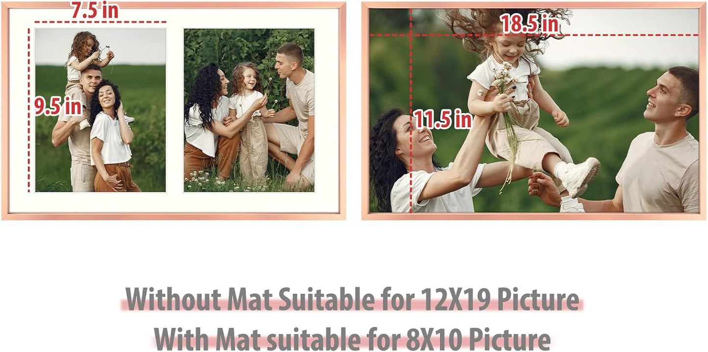 Frametory - 12x19 Aluminum Collage Picture Frame - Display 8x10 Pictures with 2 Openings Mat - Real Glass Front - Horizontal/Vertical Wall Mount - Rose Gold 1 Pack